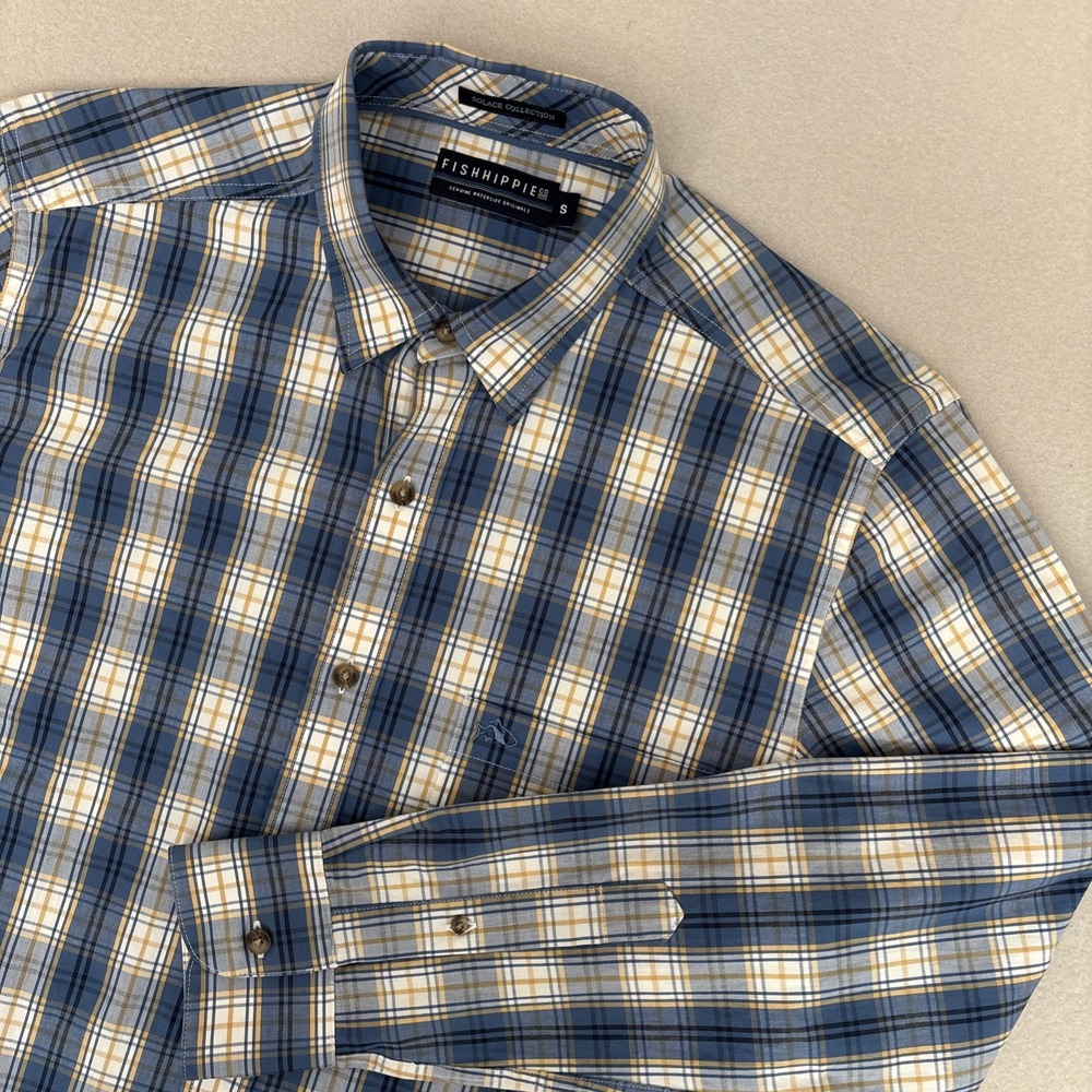 Fish Hippie SMALL Waterslide Blue/white Button Down‎ Shirt Mens Plaid EXCELLENT